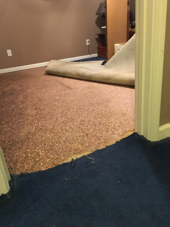 Carpet pad removal revealing water damage during Water Mitigation Services in Fort Mitchell
